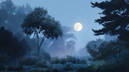 Moonlit Serenity: A tranquil night scene unfolds under the silvery glow of a full moon, with misty trees and soft blue hues that evoke a sense of peace and wonder.