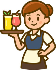 Cute Cartoon Waitress Serving Cocktails Vector – Smiling Female Character with Drink Tray, Flat Design Illustration