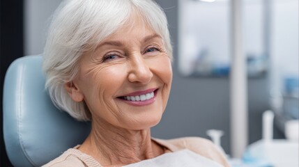 Fototapeta premium Senior woman sits relaxed in a dental chair smiling brightly during her checkup at the clinic.