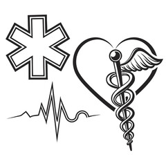 Collection of medical symbols including a caduceus within a heart a star of life and an electrocardiogram line