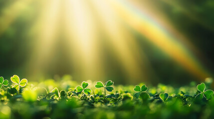 Fresh green shamrocks growing in a field, bathed in warm sunlight with a soft rainbow, representing luck and Irish heritage