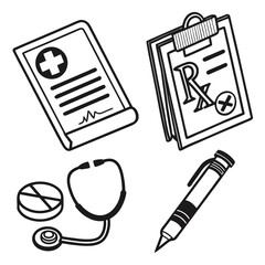Medical icons including a prescription pad patient chart stethoscope pill and pen on a white background