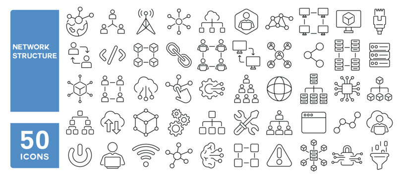 Set of 50 line icons related to network structure, connection, networking, Editable stroke. Vector illustration