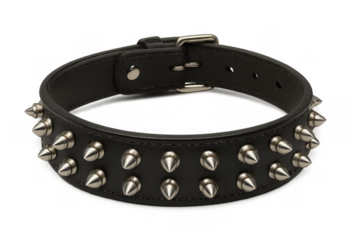Black leather dog collar with metal spikes, featuring heavy metal and punk fashion accessory style on transparent background