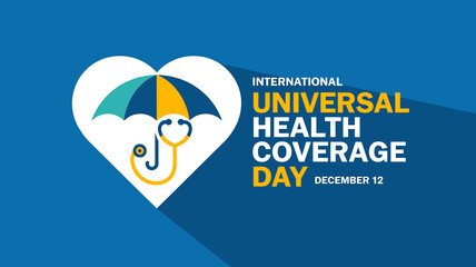 International Universal Health Coverage Day banner design with heart and stethoscope promoting healthcare access for all people everywhere