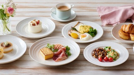 Several plates hold a variety of breakfast foods including eggs pastries and colorful salads.