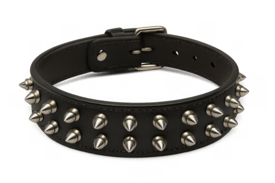 Black leather dog collar with metal spikes, featuring heavy metal and punk fashion accessory style on transparent background