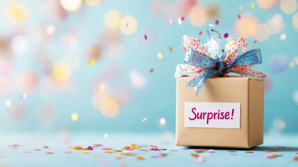 Gift box with a Surprise. label and festive ribbon is bursting with vibrant confetti on a light blue background
