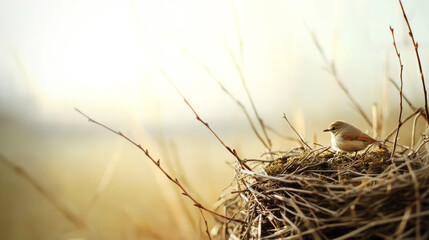 Small bird perching on its natural nest, built with twigs and moss, representing themes of new beginnings, vulnerability, and nature