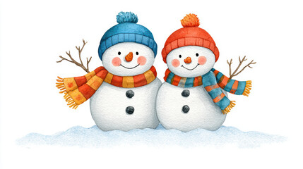 Cute happy snowman couple illustration for winter christmas holiday. Two smiling characters stand together in snow, cheerful and festive greeting card concept