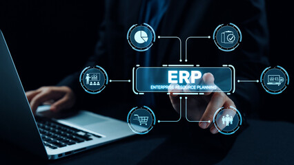 ERP platform visual showing centralized system for enterprise resource planning, improving integration, data flow, business efficiency, finance, inventory, and human resources. Elide