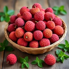 Wicker basket full of lychees on wooden surface with fresh mint
