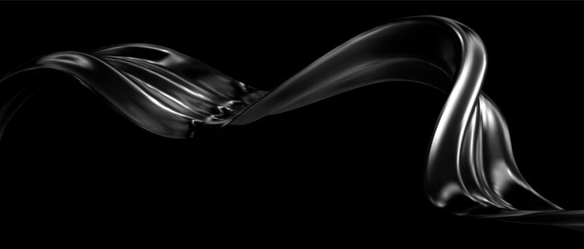 3d black liquid wave shape on black background. Futuristic gradient element, chrome metal ribbon, hologram wave. Spiral tech bg. Vector illustration