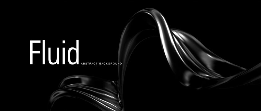 3d chrome liquid abstract ribbon shape on black background. Futuristic gradient element, chrome metal ribbon, hologram wave. Spiral tech bg. Vector illustration