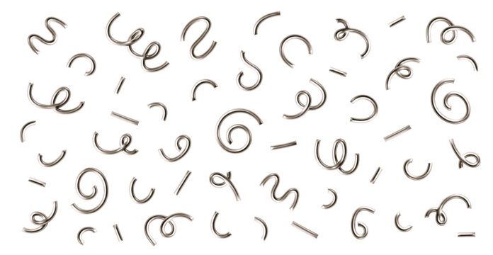 3d chrome line confetti set. Squiggle, spiral, wavy doodle shape, line element isolated. 3d balloon confetti pattern. Doodle kid party decoration. Vector illustration