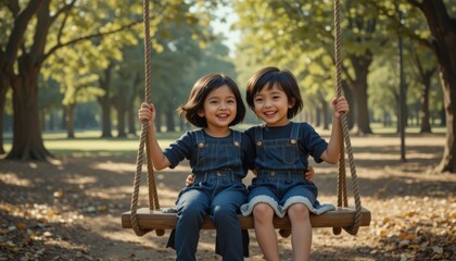 Two joyful children swing together in a sunlit park, surrounded by lush trees, embodying friendship and carefree childhood moments.