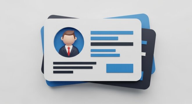 Stack of business cards with employee profile isolated on white background