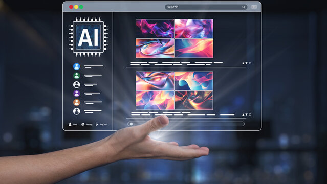 A hand reaches towards a transparent user interface showcasing an array of vibrant abstract images, symbolizing the intersection of creativity and advanced AI technology. Synapse