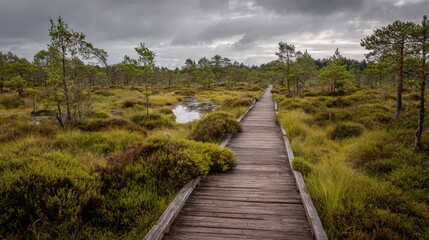 Obraz premium Lush green vegetation surrounds a long wooden path winding through marshland under cloudy skies.