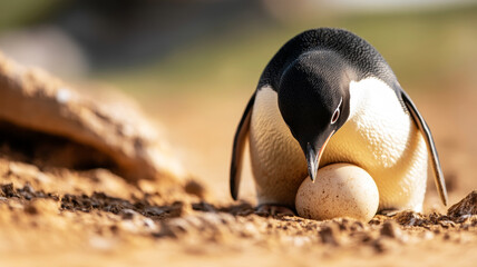 Emperor penguin diligently incubating its precious egg on barren ground, demonstrating parental care and dedication to creating new life