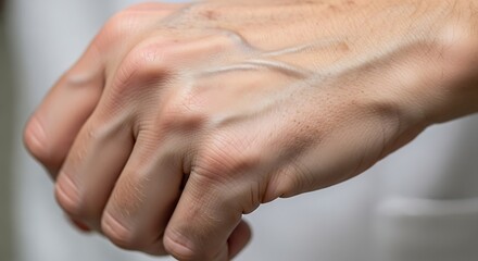 Fototapeta premium Close Up of Fist Hand with Visible Veins and Wrinkles in Natural Light
