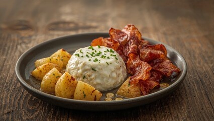 Fermented Milk Product Guslyanka With Potatoes And Fried Bacon. Carpathian Cuisine