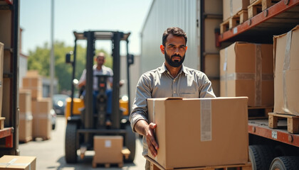 Warehouse worker carries box, moving merchandise in warehouse. Warehouse worker loads merchandise from truck to shelving using forklift. Depicts warehouse worker for commercial use,
