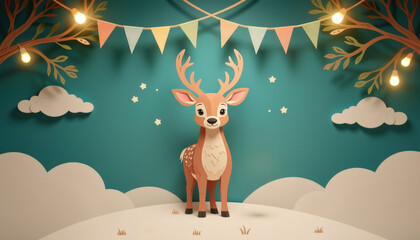 Pastel paper cut, animal paper art for festive Christmas and New year decoration holiday. A whimsical illustration of a deer surrounded by decorative elements on a vibrant background.