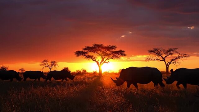 Silhouettes of rhinos traverse the savanna at sunset, framed by trees against an orange sky
