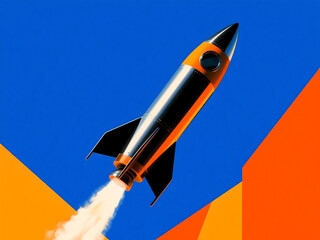 Orange and Silver Rocket Launching into Blue Sky with Fire Trail Modern Minimalist Space Exploration Concept