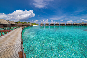 Best Fantastic Maldives Water Villas Wooden Jetty Gorgeous Blue Ocean Lagoon. Top Sunny Relaxing Sea Sky Tranquil Summer Travel Destination Popular Luxury Resort View Paradise Exotic. Tropical Holiday