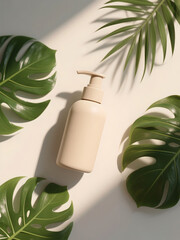 Beige Lotion Pump Bottle with Tropical Green Leaves in Natural Sunlight Minimalist Skincare Product Aesthetic