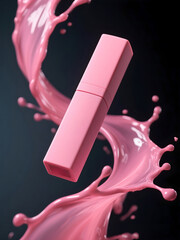 Pink Lipstick Tube Surrounded by Splashing Liquid in Motion &mdash; Modern Beauty Product Concept on Dark Background