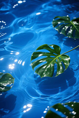 Tropical Monstera Leaf Floating on Bright Blue Water with Sunlight Reflections and Ripple Patterns