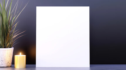 Blank paper mockup providing space for custom text or design, complemented by warm candle light and green plant, against a dark backdrop