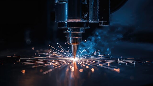 Close-up of a wire EDM CNC machine cutting sample workpieces with glowing edge lighting effect.