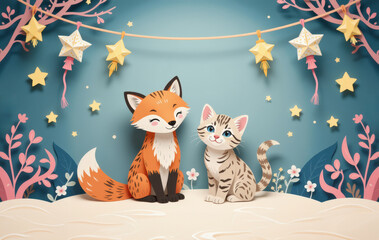 Pastel paper cut, animal paper art for festive Christmas and New year decoration holiday. Adorable illustrated fox and kitten sit together under stars in a whimsical, colorful setting.