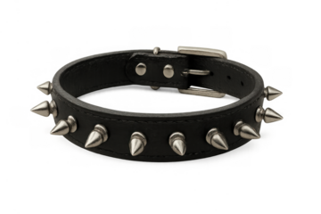 Black leather punk choker with silver metal spikes and buckle, representing alternative fashion and rebellion