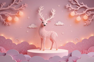 Pastel paper cut, animal paper art for festive Christmas and New year decoration holiday. A whimsical paper sculpture of a deer stands against a pink backdrop with clouds and decorative elements.