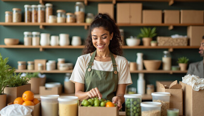 Zero waste shop assistant arranging products with a smile, preparing organic fruit box. Zero waste shop worker sorts fresh produce.