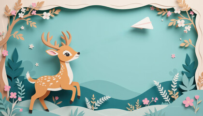 Pastel paper cut, animal paper art for festive Christmas and New year decoration holiday. A playful paper-cut scene featuring a deer amidst colorful foliage and a paper plane.
