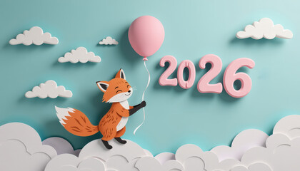 Pastel paper cut, animal paper art for festive Christmas and New year decoration holiday. A playful fox holds a pink balloon amid clouds, celebrating the year 2026 in a whimsical, colorful design.