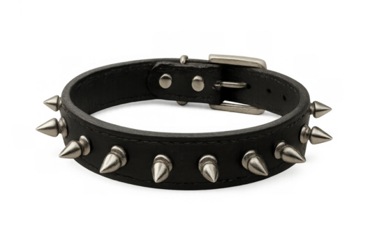 Black leather punk choker with silver metal spikes and buckle, representing alternative fashion and rebellion