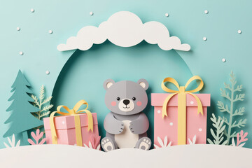 Pastel paper cut, animal paper art for festive Christmas and New year decoration holiday. Whimsical paper art featuring a cute bear with gift boxes in a snowy landscape.