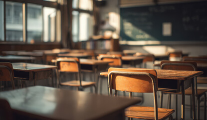 Silent Symphony of Education: A tranquil classroom scene bathed in soft sunlight, where rows of empty desks await, evoking anticipation and a promise of knowledge.