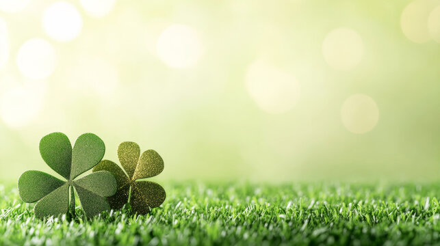 St. Patrick's Day shamrock and clover cutouts resting on green grass against a bokeh light background, celebrating Irish luck