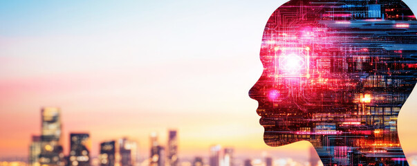 Human head silhouette in profile visualizing glowing AI neural network and circuit board against a blurred city skyline