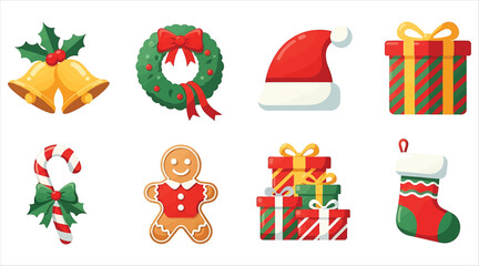 A set of christmas icons, featuring bells, wreath, santa hat, gifts, candy cane, gingerbread man, and stocking, perfect for holiday designs and decorations