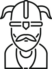 Line drawing of a viking warrior wearing a horned helmet, traditional armor and sporting a mustache
