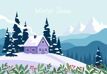 A cozy purple cabin nestled in a snowy landscape with snow-covered pine trees and distant mountains under a pale blue sky.